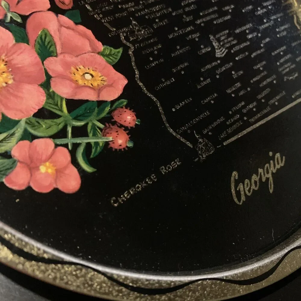 Vintage Toleway Serving Tray Georgia Cherokee Rose Black Gold Color With Flowers